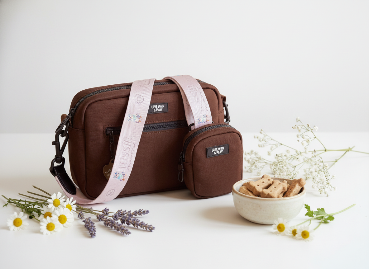 	•	Neutral crossbody dog walking bag with Aussie mom strap
	•	Dog walking bag set with silicone treat pouch and aesthetic strap
	•	Brown crossbody bag styled with mini Aussie accessories